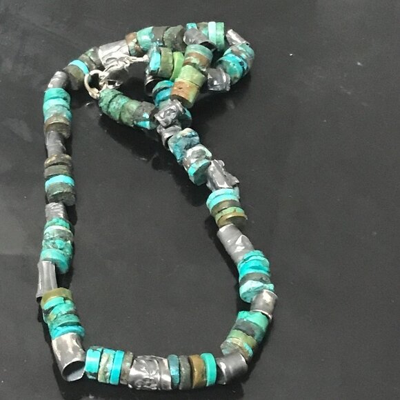 Genuine Turquoise Sterling Silver Necklace Heishi Beads Antique Sustainable 925 - Picture 2 of 8